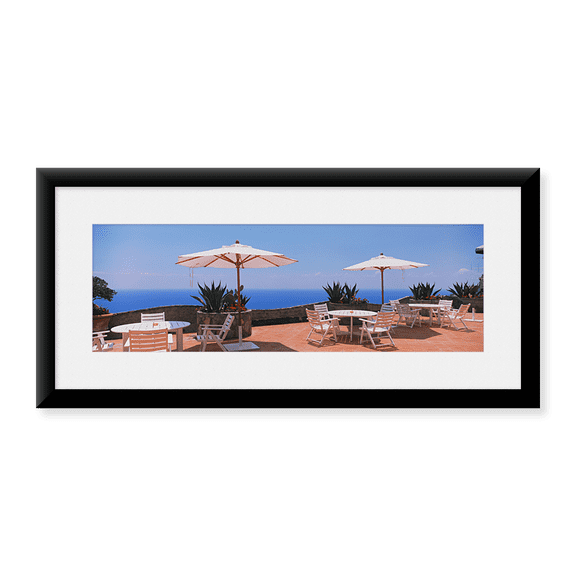 Framed Art Print, Patio umbrellas in a cafe by Panoramic Images, 31-7/8" x 11-7/8"