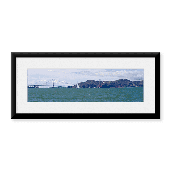 Framed Art Print, Suspension bridge with a mountain range in the bac by Panoramic Images, 25-7/8" x 9-7/8"