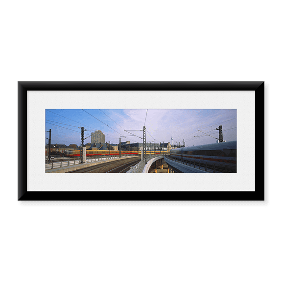 Framed Art Print, Trains on railroad tracks by Panoramic Images, 31-7/8" x 11-7/8"