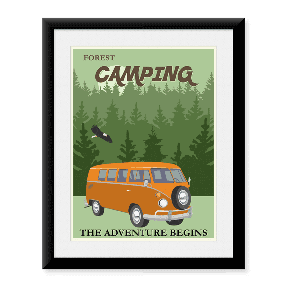 Framed Art Print, Vintage Forest Camping Camper Van Poster by Vintage Travel Posters, 17-7/8" x 21-7/8"