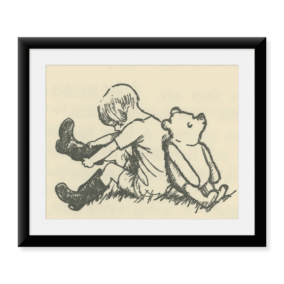 Framed Art Print, Winnie-the-Pooh 1926 - Pulling on the Big Boots by Ernest H Shepard, 17-7/8" x 21-7/8"