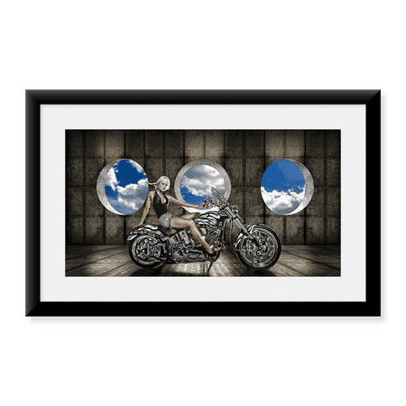 Framed Art Print, Woman sitting on a motorcycle by Panoramic Images, 11-7/8" x 17-7/8"