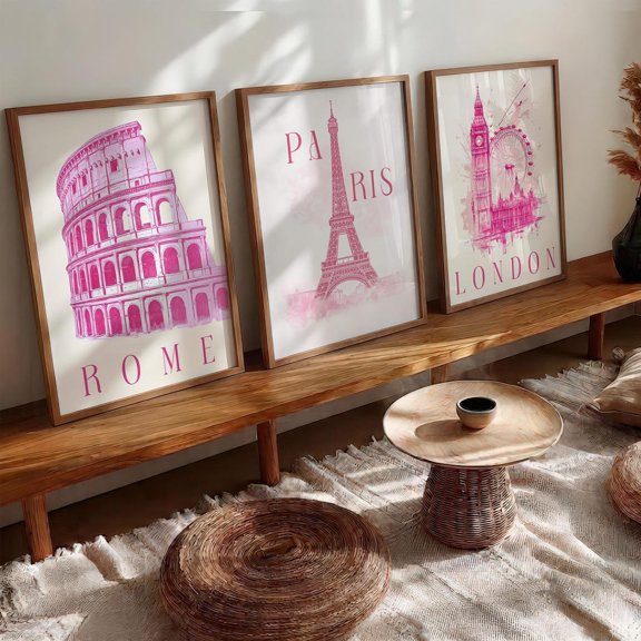 Framed Art Set City Landmark Prints Rome Paris London Wall Art Pink Travel Decor Set 3