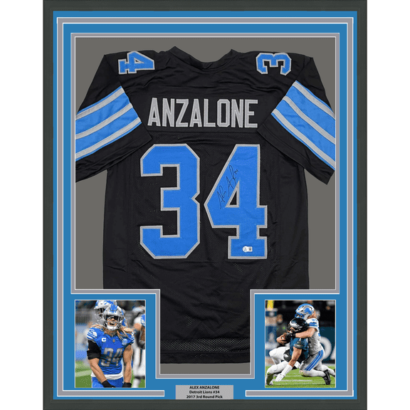 Framed Autographed/Signed Alex Anzalone 35x39 Detroit Black Football Jersey Beckett BAS COA