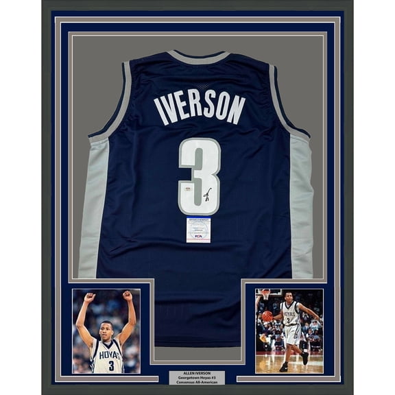 Framed Autographed/Signed Allen Iverson 35x39 Georgetown Blue Basketball Jersey JSA COA