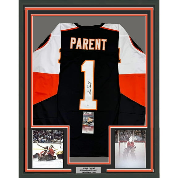 Framed Autographed/Signed Bernie Parent 35x39 Philadelphia Black Hockey Jersey JSA COA