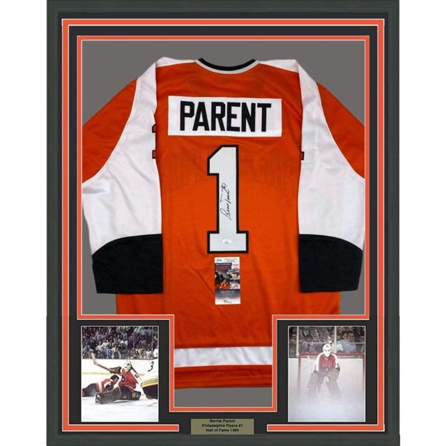 Framed Autographed/Signed Bernie Parent 35x39 Philadelphia Orange