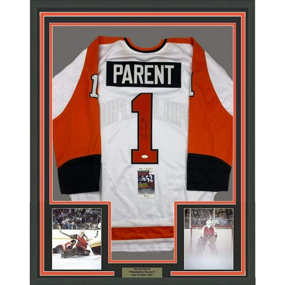 Framed Autographed/Signed Bernie Parent 35x39 Philadelphia White Hockey Jersey JSA COA