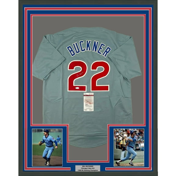 Framed Autographed/Signed Bill Buckner 35x39 Chicago Grey Baseball Jersey JSA COA