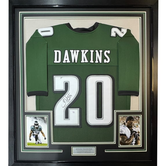 Framed Autographed/Signed Brian Dawkins 35x39 Philadelphia Green Football Jersey JSA COA