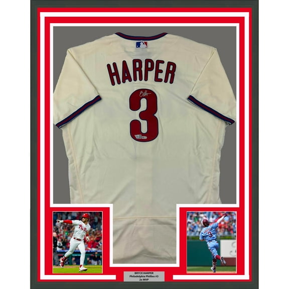 Framed Autographed/Signed Bryce Harper 35x39 Philadelphia Phillies Cream Authentic Baseball Jersey Fanatics & MLB COA