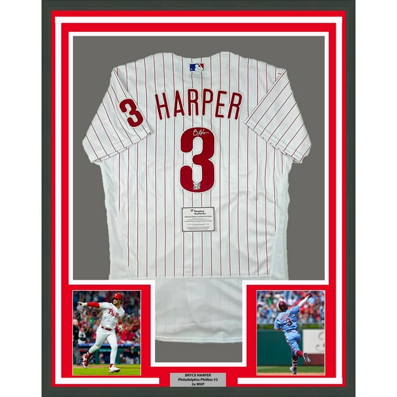 Framed Autographed/Signed Bryce Harper 35x39 Philadelphia Phillies Pinstripe Authentic Baseball Jersey Fanatics & MLB COA