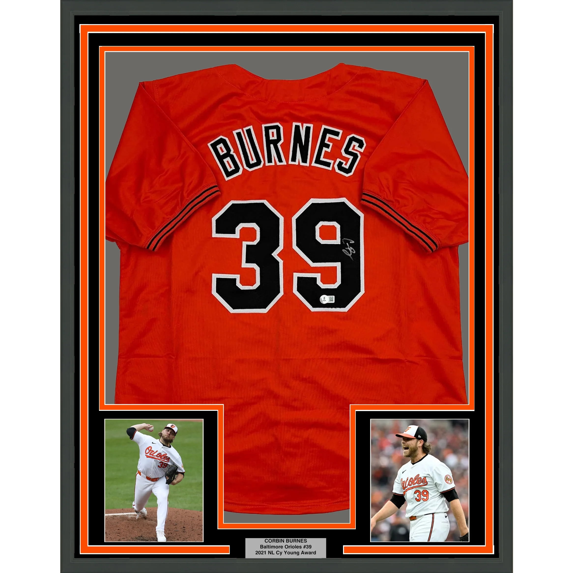 Framed Autographed/Signed Corbin Burnes 35x39 Baltimore Orange Baseball