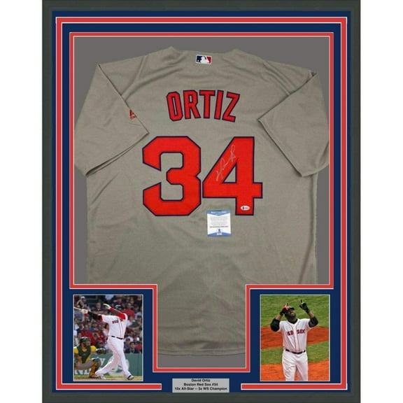 Framed Autographed/Signed David Ortiz 35x39 Boston Grey Baseball Jersey Beckett BAS COA