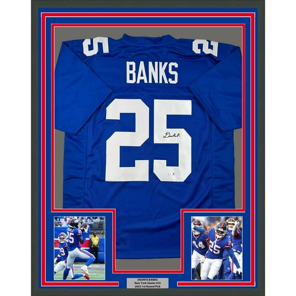 Framed Autographed/Signed Deonte Banks 35x39 New York Blue Football Jersey Beckett BAS COA
