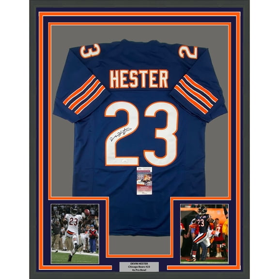 Framed Autographed/Signed Devin Hester 35x39 Chicago Blue Football Jersey JSA COA