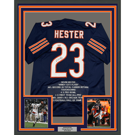 Framed Autographed/Signed Devin Hester 35x39 Chicago Blue Stat Football Jersey JSA COA