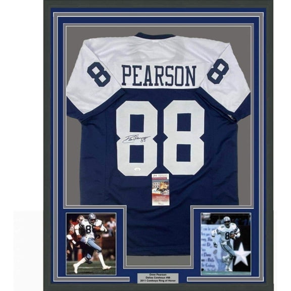 Framed Autographed/Signed Drew Pearson 35x39 Dallas Thanksgiving Football Jersey JSA COA