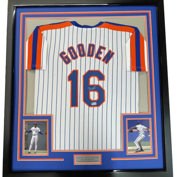 Framed Autographed/Signed Dwight Doc Gooden 35x39 New York Pinstripe Baseball Jersey PSA/DNA COA