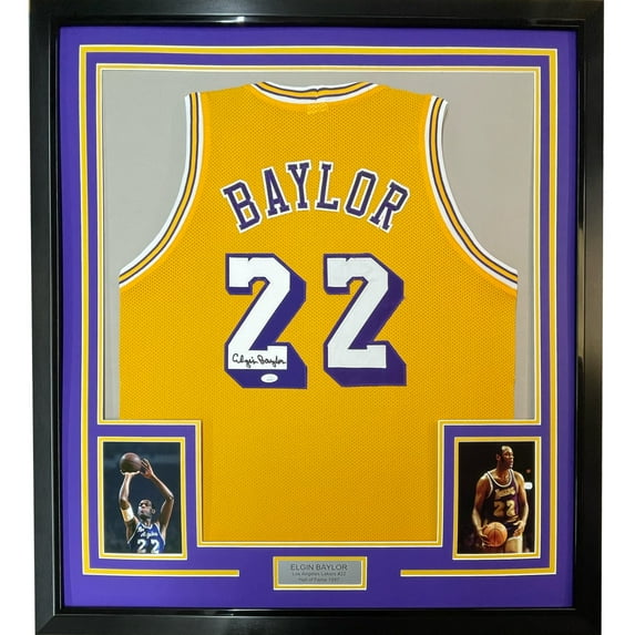 Framed Autographed/Signed Elgin Baylor 35x39 Los Angeles LA Yellow Basketball Jersey JSA COA