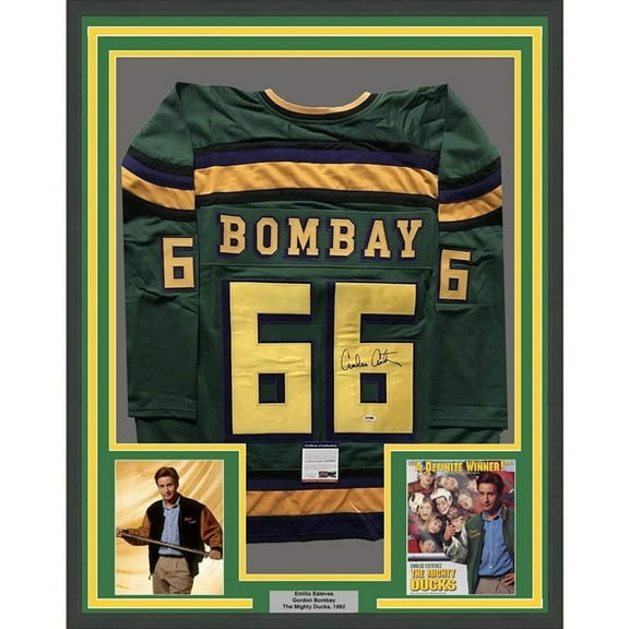 Framed Autographed/Signed Emilio Estevez Gordon Bombay 35x39 The Mighty Ducks Green Hockey Jersey PSA/DNA COA