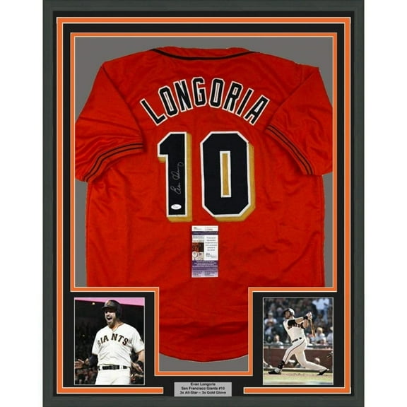 Framed Autographed/Signed Evan Longoria 35x39 San Francisco Orange Baseball Jersey JSA COA