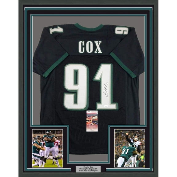 Framed Autographed/Signed Fletcher Cox 35x39 Philadelphia Black Football Jersey JSA COA