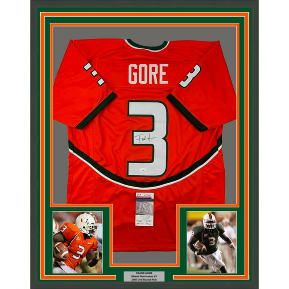 Framed Autographed/Signed Frank Gore 35x39 Miami Orange Football Jersey JSA COA