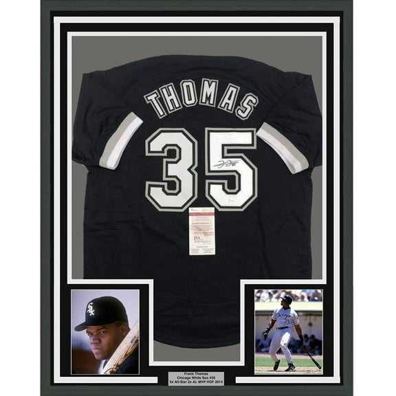 Framed Autographed/Signed Frank Thomas 35x39 Chicago Black Baseball Jersey JSA COA