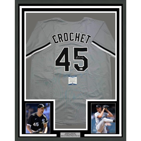 Framed Autographed/Signed Garrett Crochet 35x39 Chicago Grey Baseball Jersey Beckett BAS COA