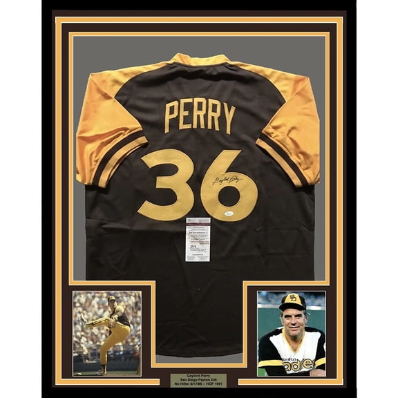 Framed Autographed/Signed Gaylord Perry 35x39 San Diego Brown Baseball Jersey JSA COA