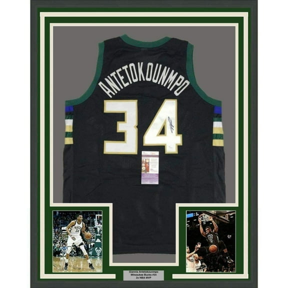 Framed Autographed/Signed Giannis Antetokounmpo 35x39 Milwaukee Black Basketball Jersey JSA COA