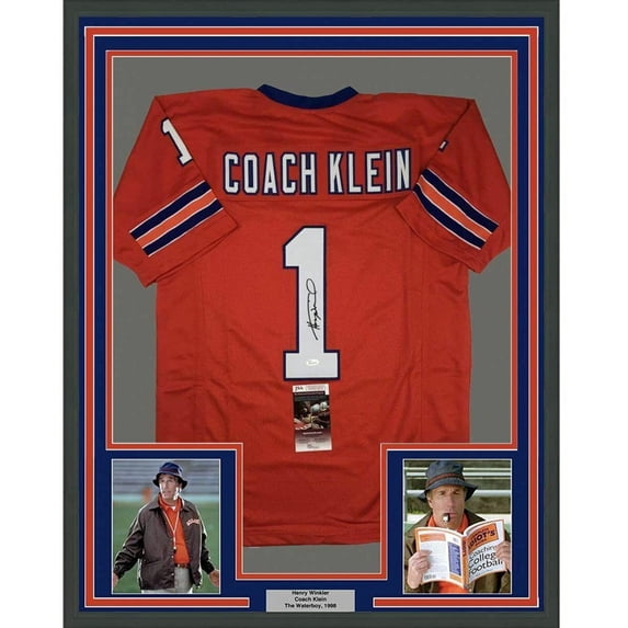 Framed Autographed/Signed Henry Winkler Coach Klein 35x39 The Waterboy SCLSU Mud Dogs Orange Football Jersey JSA COA