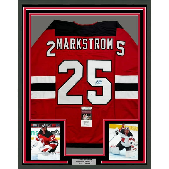 Framed Autographed/Signed Jacob Markstrom 35x39 New Jersey Red Hockey Jersey JSA COA
