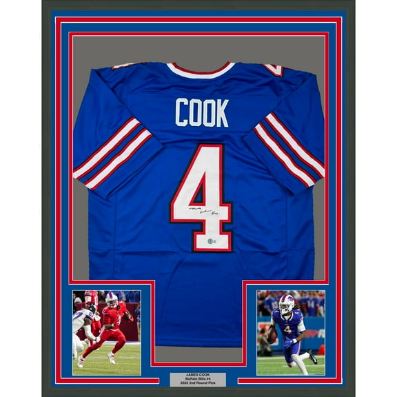 Framed Autographed/Signed James Cook 35x39 Buffalo Blue Football Jersey Beckett BAS COA