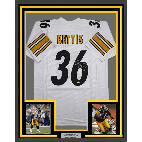 Framed Autographed/Signed Jerome Bettis 35x39 Pittsburgh White Football Jersey JSA COA