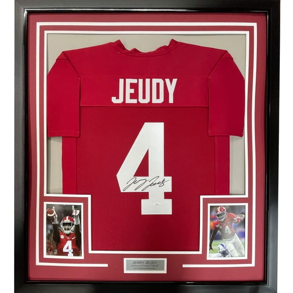 Framed Autographed/Signed Jerry Jeudy 35x39 Alabama Red College Football Jersey JSA COA
