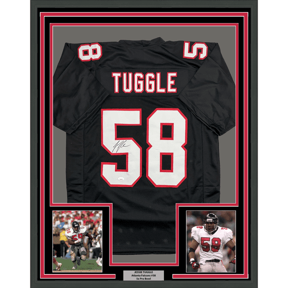 Framed Autographed/Signed Jessie Tuggle 35x39 Atlanta Black Football Jersey JSA COA