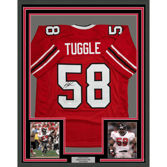 Framed Autographed/Signed Jessie Tuggle 35x39 Atlanta Red Football Jersey JSA COA