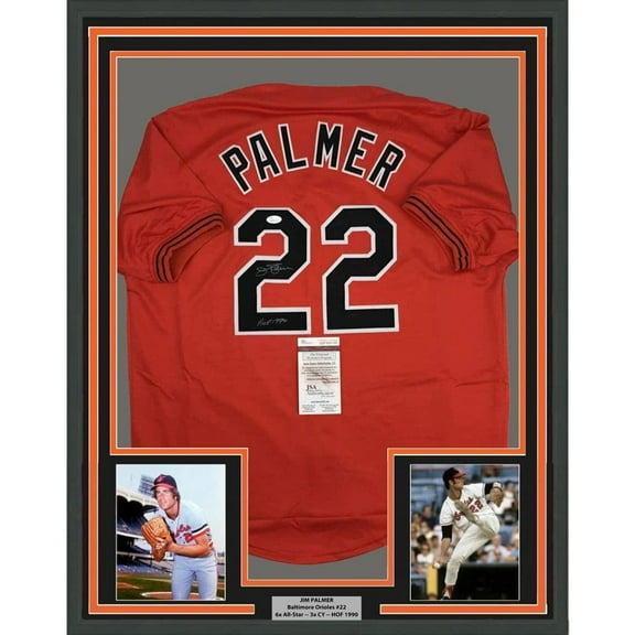 Framed Autographed/Signed Jim Palmer HOF 1990 35x39 Baltimore Orange Baseball Jersey JSA COA