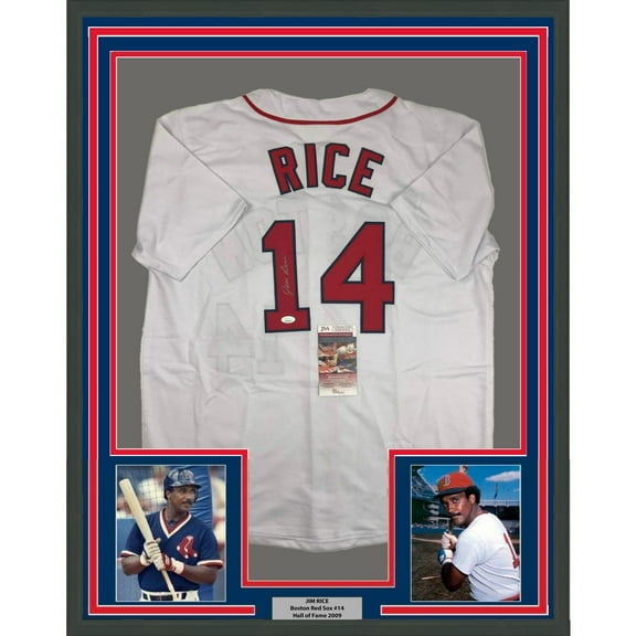 Framed Autographed/Signed Jim Rice 35x39 Boston White Baseball Jersey JSA COA