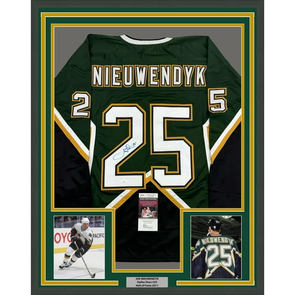 Framed Autographed/Signed Joe Nieuwendyk 35x39 Dallas Green Hockey Jersey JSA COA
