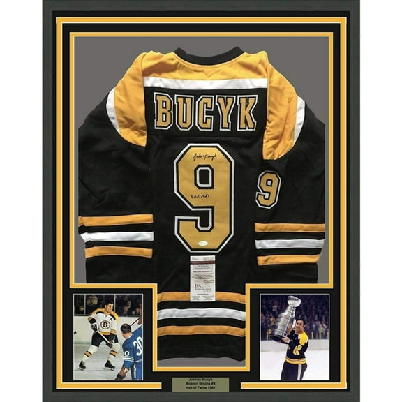 Framed Autographed/Signed John Johnny Bucyk HOF 1981 35x39 Boston Black Hockey Jersey JSA COA