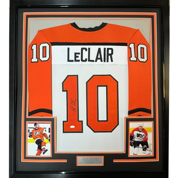 Framed Autographed/Signed John LeClair 35x39 Philadelphia White Hockey Jersey JSA COA