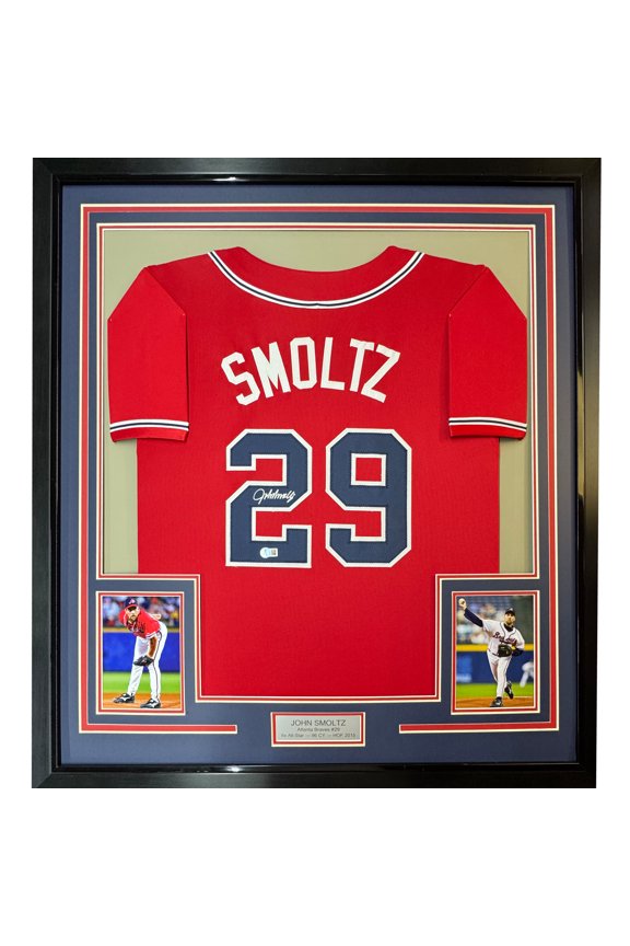 Framed Autographed/Signed John Smoltz 35x39 Atlanta Red Baseball Jersey Beckett BAS COA