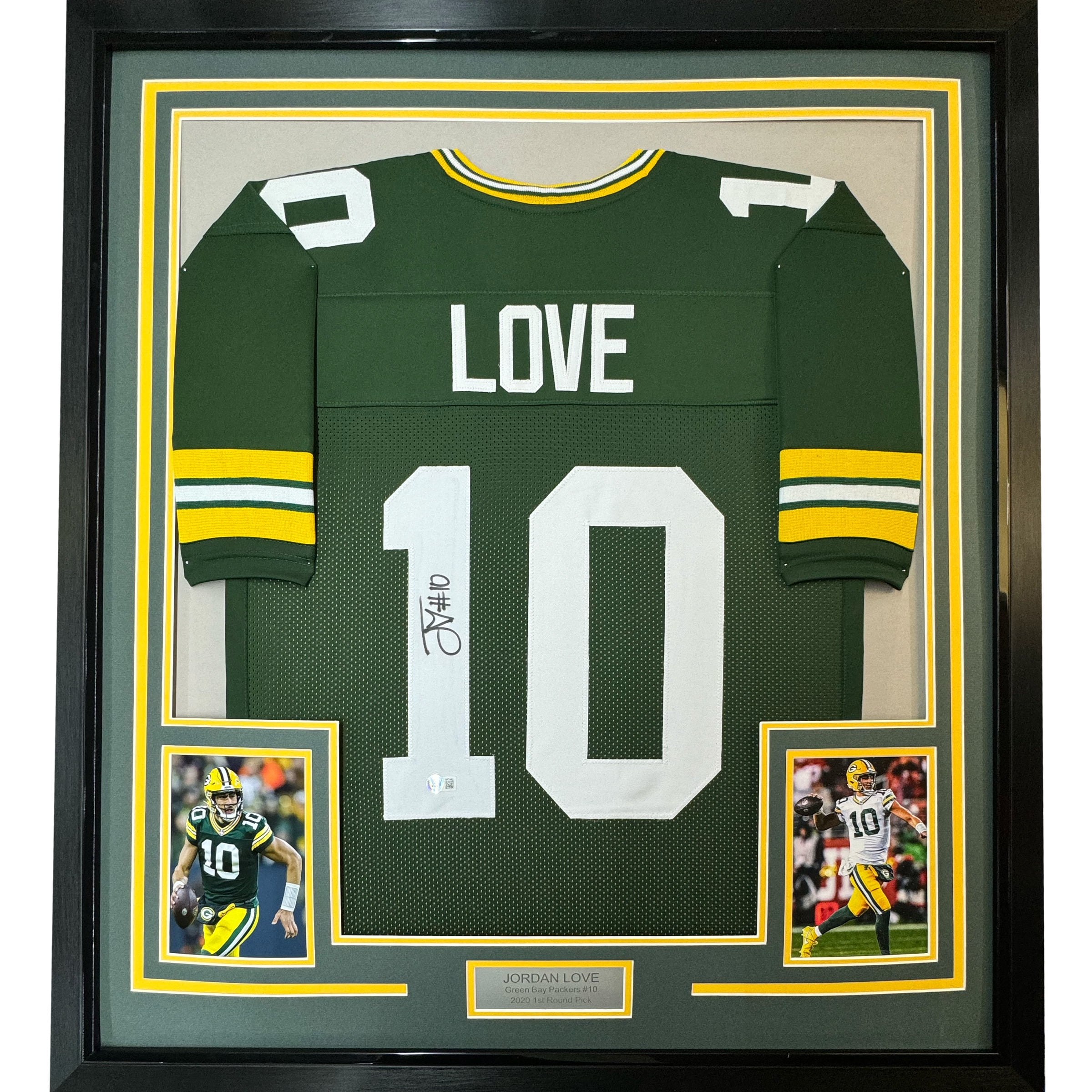 Framed Autographed/Signed Jordan Love 35x39 Green Bay Green Football Jersey Beckett BAS COA