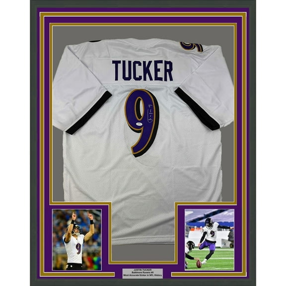 Framed Autographed/Signed Justin Tucker 35x39 Baltimore White Football Jersey JSA COA