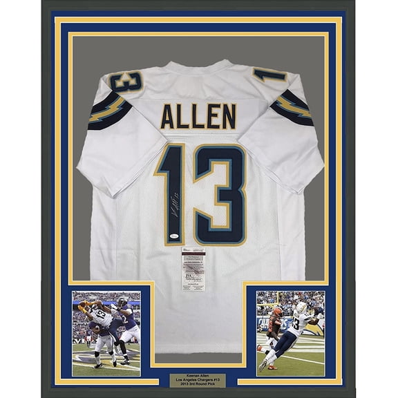Framed Autographed/Signed Keenan Allen 35x39 Los Angeles LA Chargers White Football Jersey JSA COA