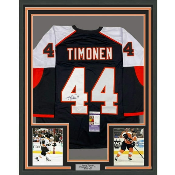 Framed Autographed/Signed Kimmo Timonen 35x39 Philadelphia Black Hockey Jersey JSA COA