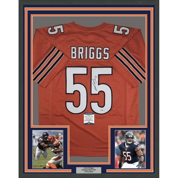 Framed Autographed/Signed Lance Briggs 35x39 Chicago Orange Football Jersey Beckett BAS COA